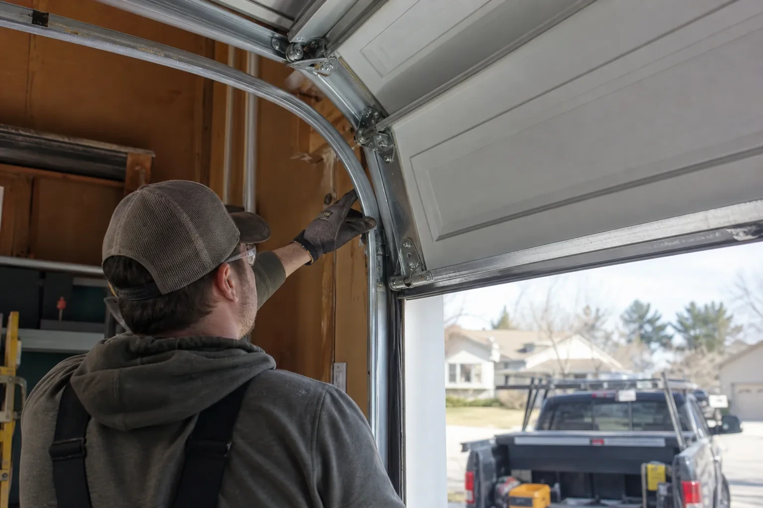 Illustrative garage doors scene; not an actual job