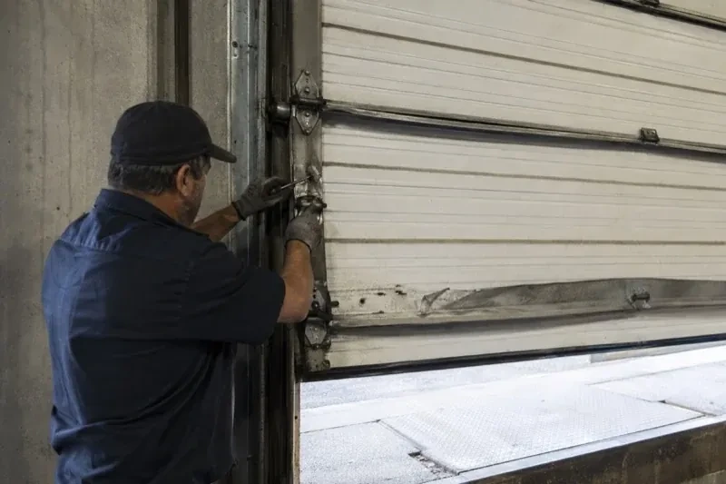 Person holding tools at the side hinge of a partly raised industrial sectional door — Commercial Sectional Door Repair, Springwater