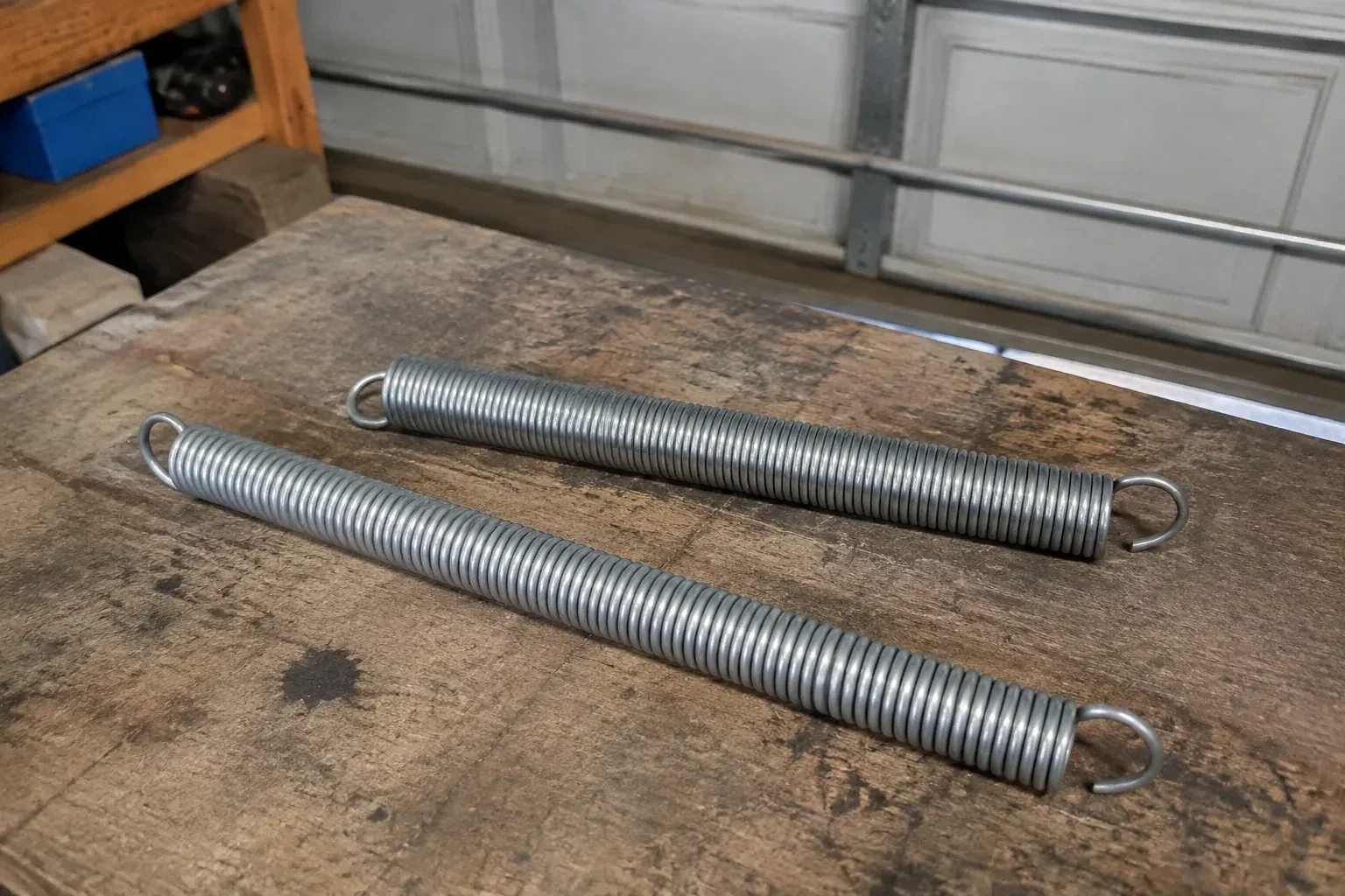 Two detached extension springs with hooked ends on a garage bench. — Extension Spring Replacement, Springwater