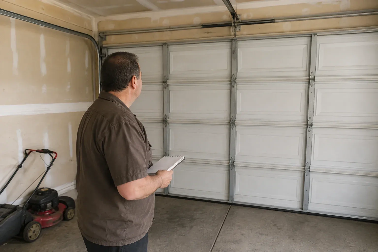 Technician holding a notebook while looking at a closed sectional door. — Garage Door Balance Adjustment, Springwater