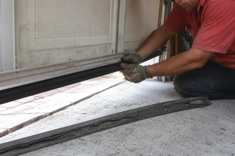 Person fitting a black strip along the bottom edge of a partly raised garage door, with a cracked strip lying on the floor. — Garage Door Bottom Seal Replacement, Springwater