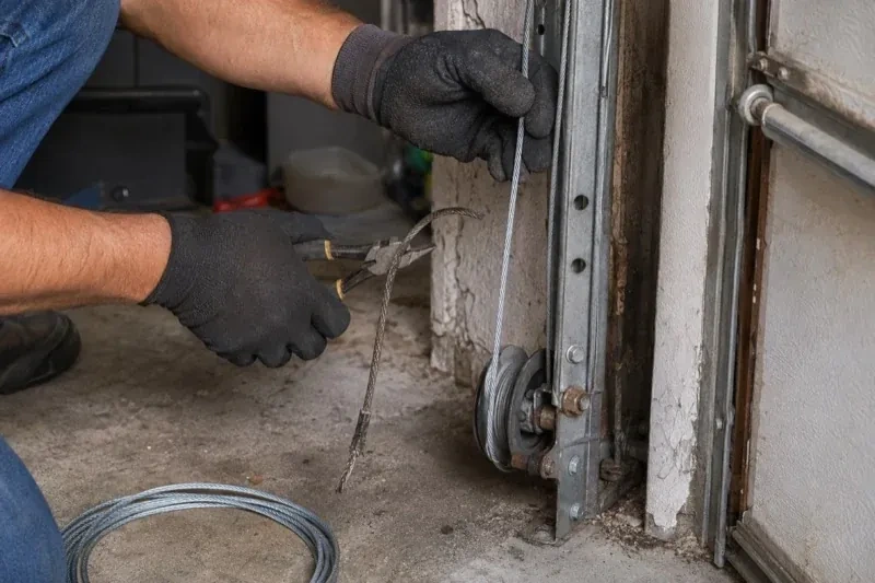 Gloved hands holding a bright cable and pliers gripping a frayed cable beside a garage-door track and pulley. — Garage Door Cable Replacement, Springwater