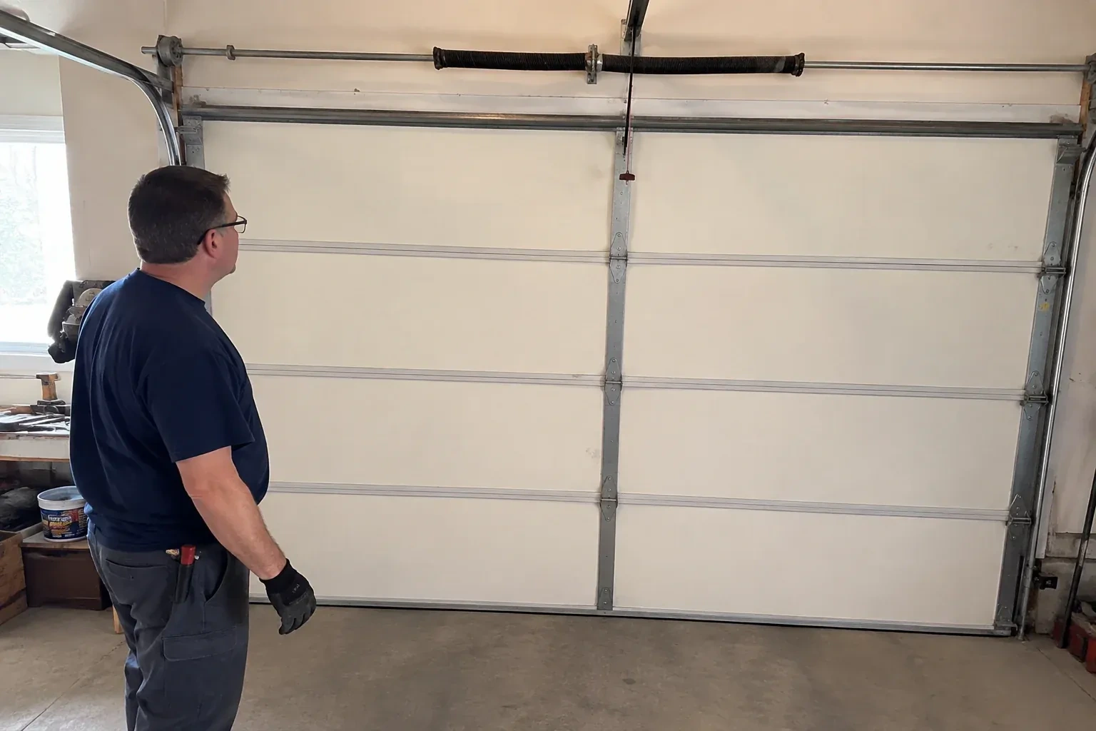 Illustrative garage doors scene; not an actual job — Off-Track Garage Door Reset, Springwater