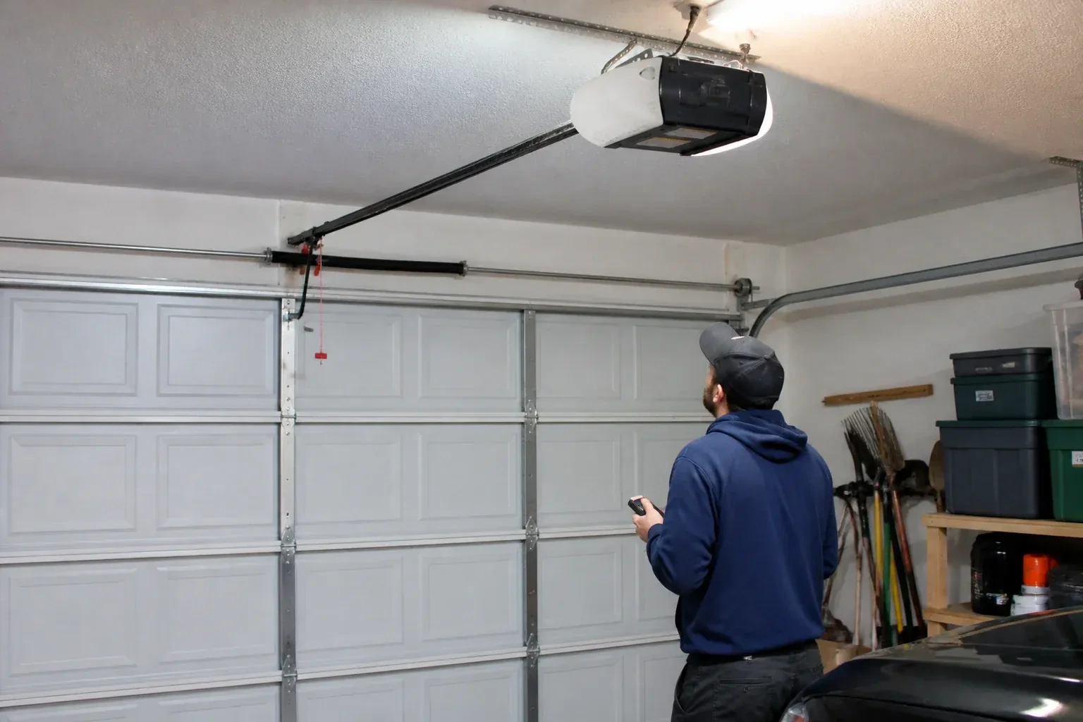 A person holding a remote looks toward an overhead garage-door opener and rail. — Garage Door Opener Diagnosis and Repair, Springwater