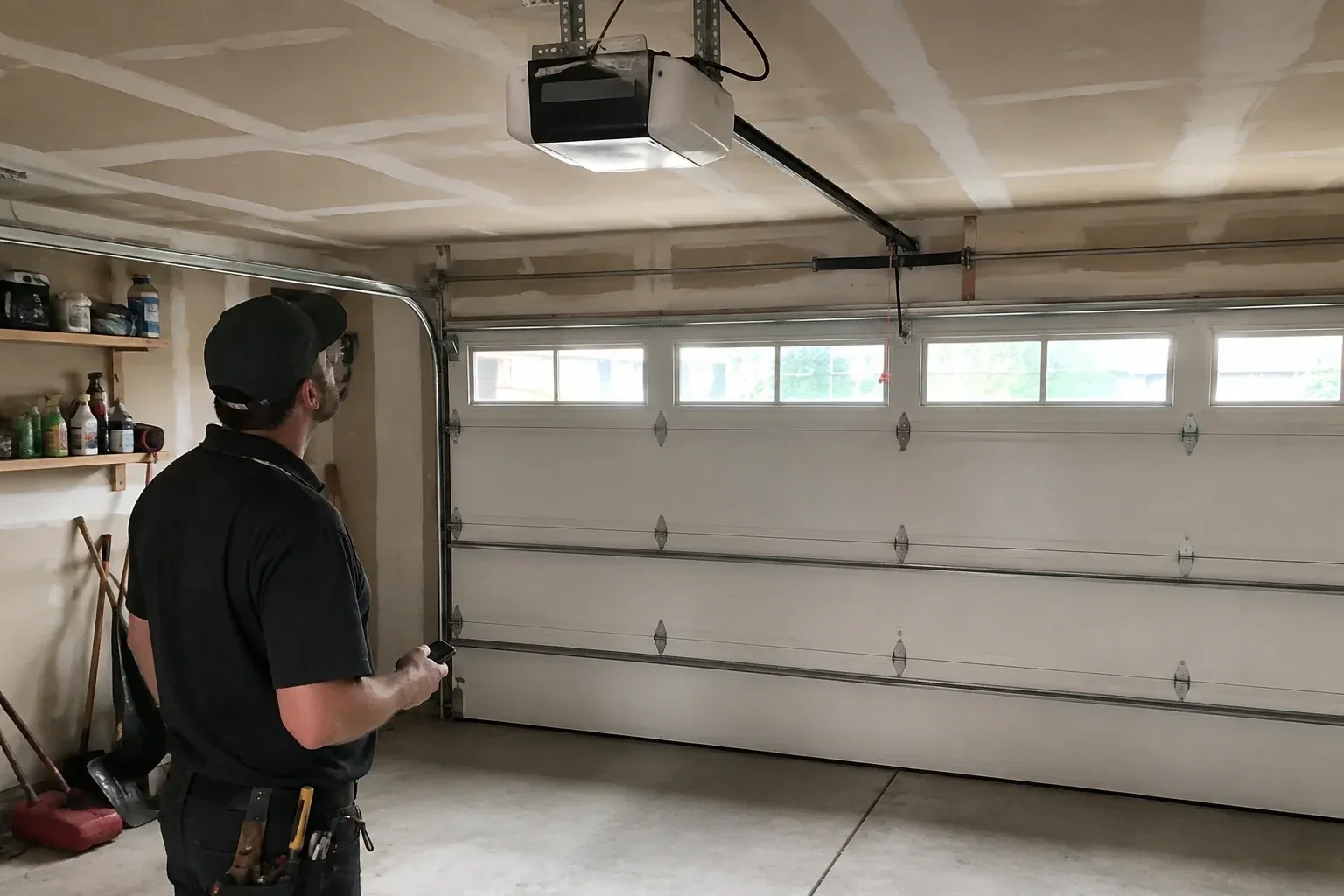 A person looks at an overhead opener above a closed garage door with a row of windows. — Garage Door Opener Replacement, Springwater