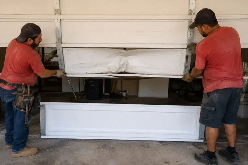 Two people holding a dented lower garage-door section above a separate white panel resting on the ground. — Garage Door Panel Replacement, Springwater