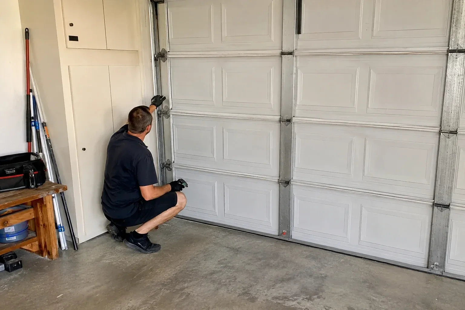 A person kneels beside the side track and hinges of a closed sectional garage door. — Garage Door Safety Inspection, Springwater