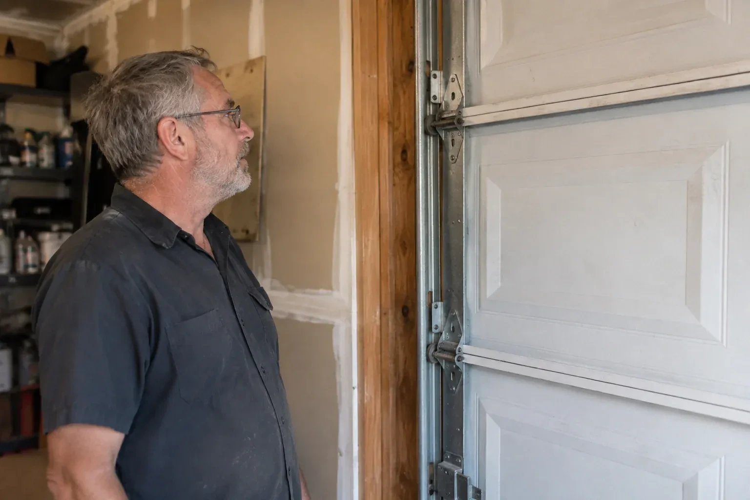 Technician looking at vertical garage door track and edge hinges. — Garage Door Track Repair or Replacement, Springwater