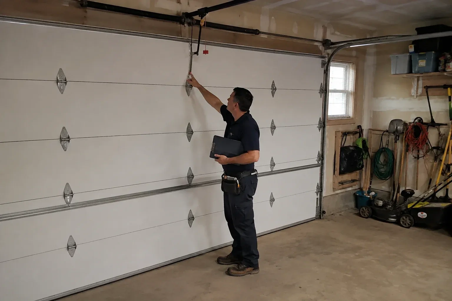 A person holding a clipboard examines the interior hardware of a closed garage door. — Garage Door Tune-Up, Springwater