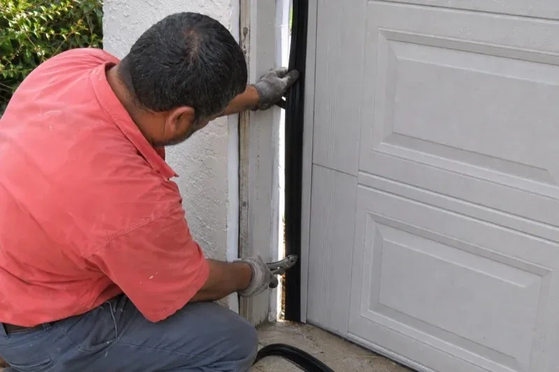 Gloved person holding a black strip along the side of a sectional garage-door opening — Garage Door Perimeter Weatherstrip, Springwater