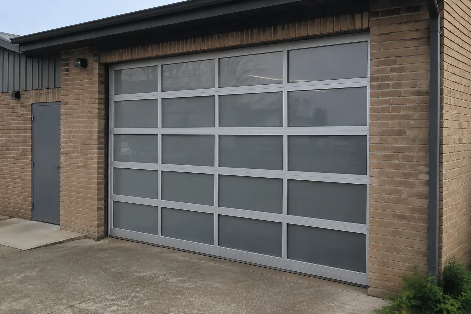 Closed glazed sectional door in a grey metal frame at a brick workshop. — Full-View Glass Garage Door Installation, Springwater