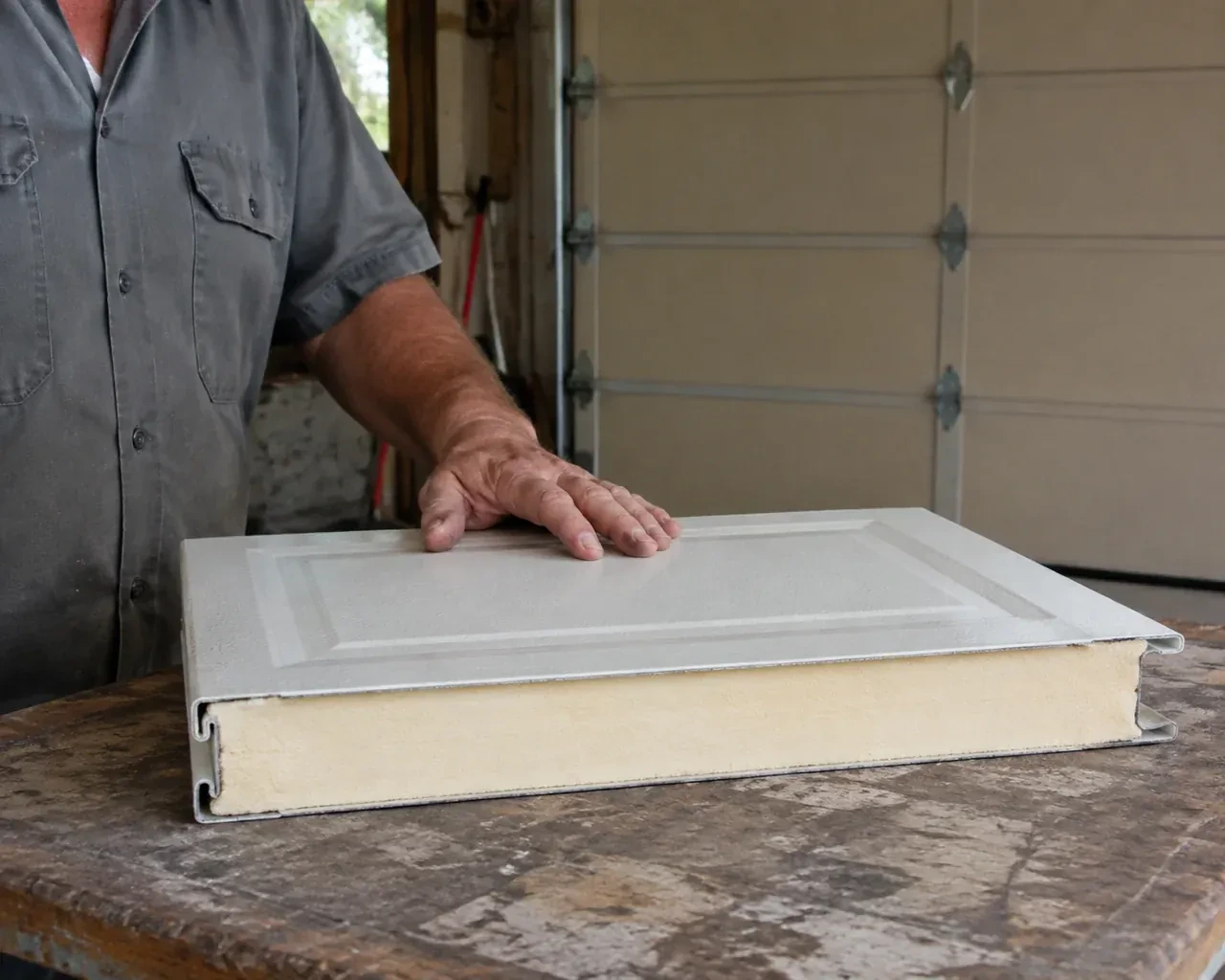 A panel sample exposes a cream foam core between thin metal faces on a garage workbench. — Insulated Steel Garage Door Installation, Springwater