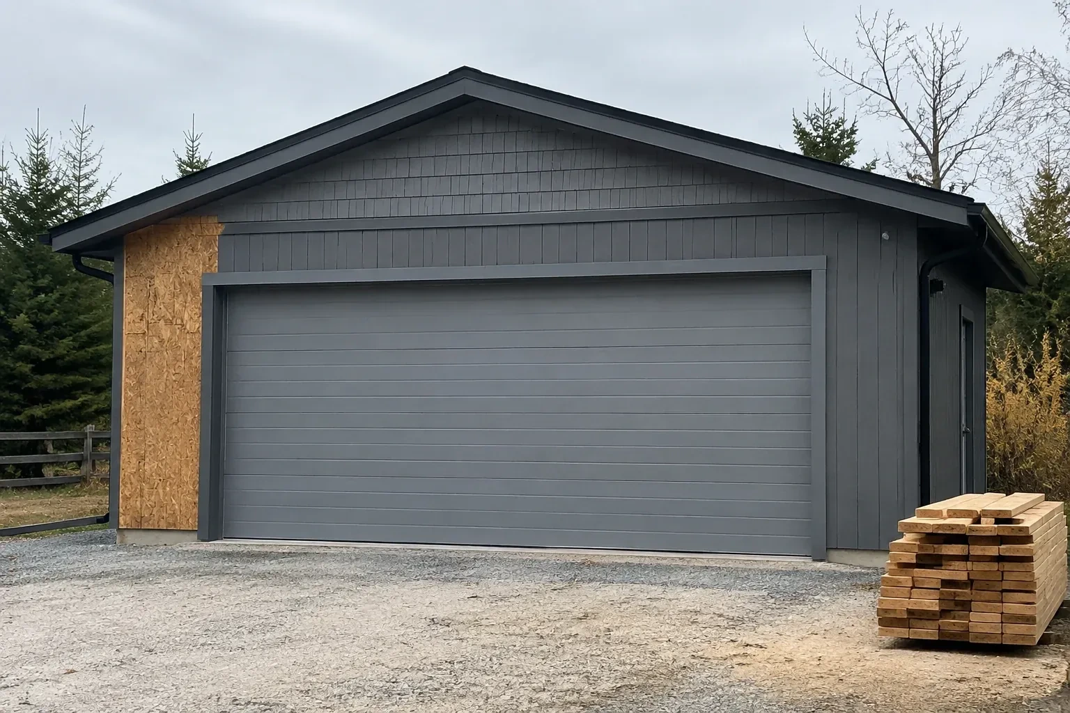 Closed grey garage door on a partly finished building beside stacked lumber. — New-Construction Garage Door Installation, Springwater