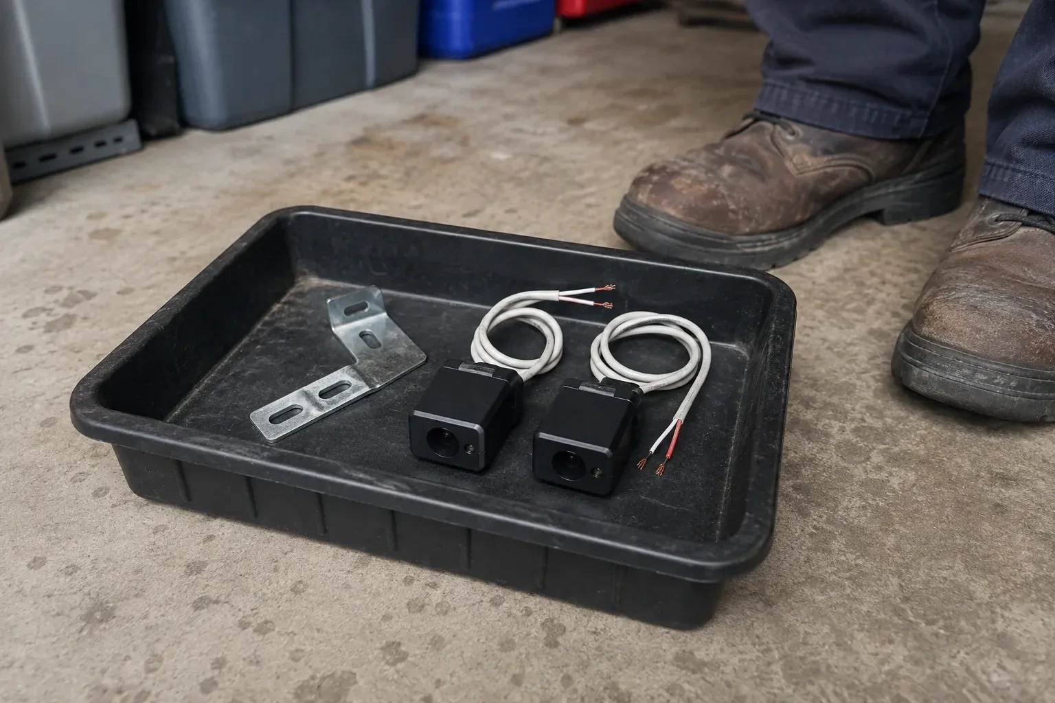 Two detached black sensors with recessed lenses and coiled wires lie in a tray beside a mounting bracket. — Photo-Eye Sensor Alignment or Replacement, Springwater