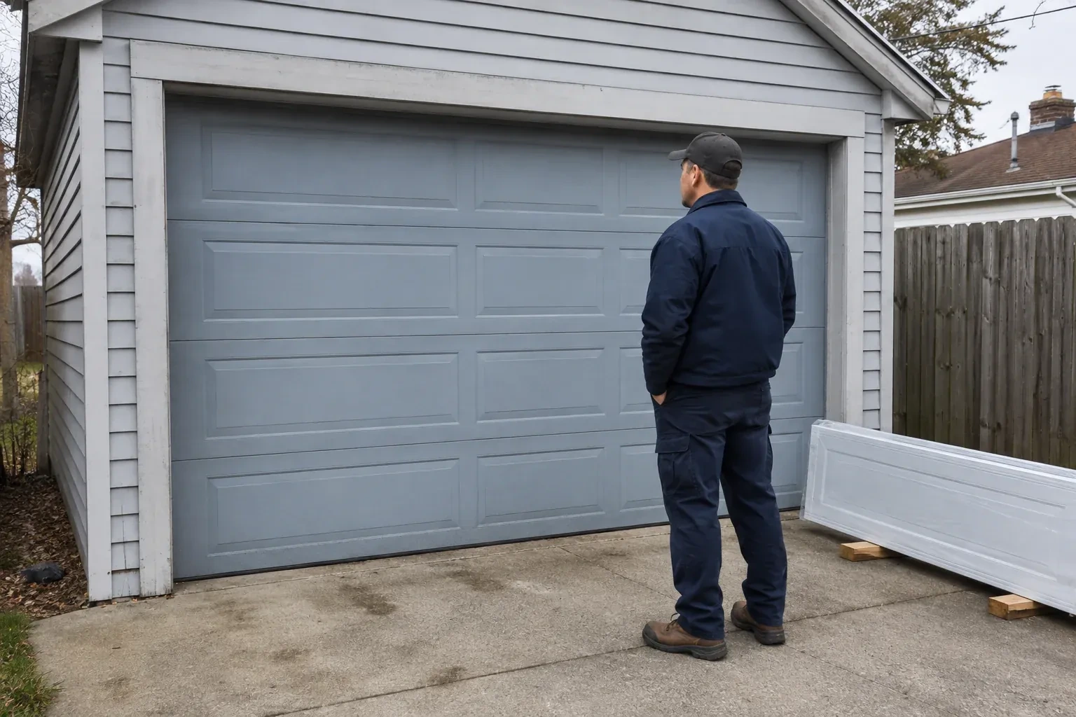 A person examines a blue-grey sectional garage door with a packaged door panel resting beside the driveway. — Sectional Garage Door Replacement, Springwater