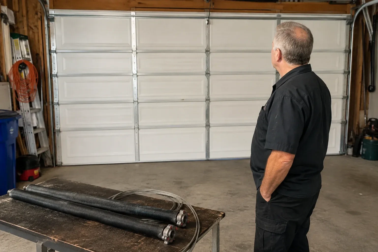 Detached coil springs with end fittings and a cable rest on a bench in front of a closed garage door. — Torsion Spring Replacement, Springwater